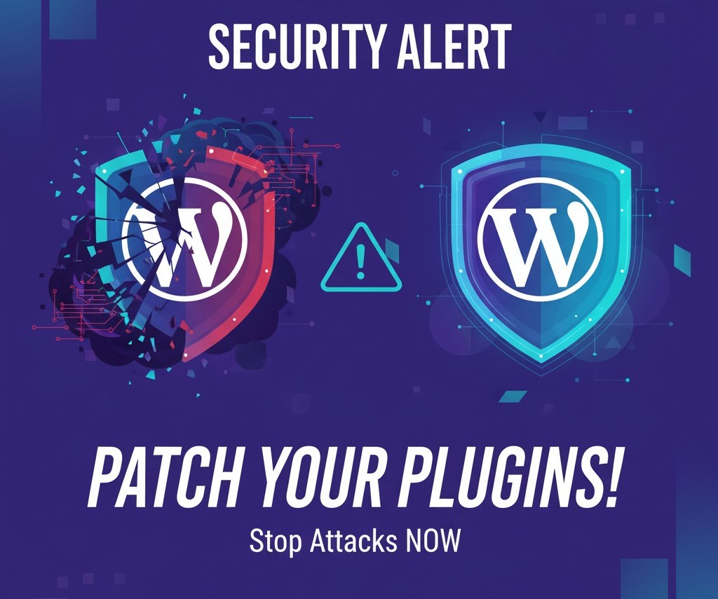 Graphic showing a broken WordPress shield icon next to a secure, intact WordPress shield, with a warning sign. Text: SECURITY ALERT - PATCH YOUR PLUGINS! Stop Attacks NOW.