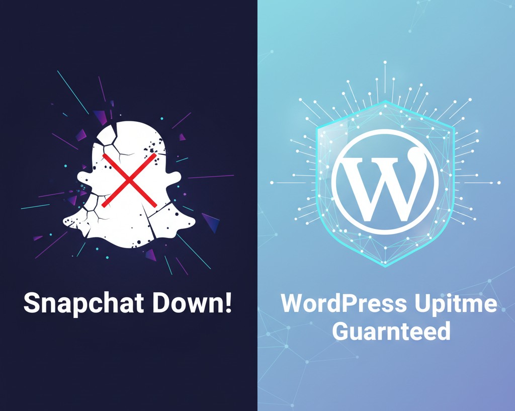 Graphic comparing a broken, cracked Snapchat ghost icon with a secure, shield-protected WordPress logo, illustrating guaranteed uptime.
