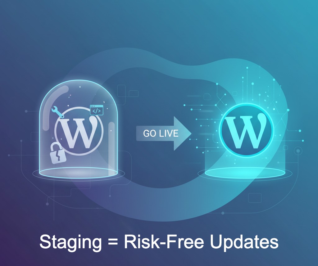 Illustration showing a WordPress website safely moving from a staging environment (under a protective dome) to a live production environment. Text: Staging = Risk-Free Updates.