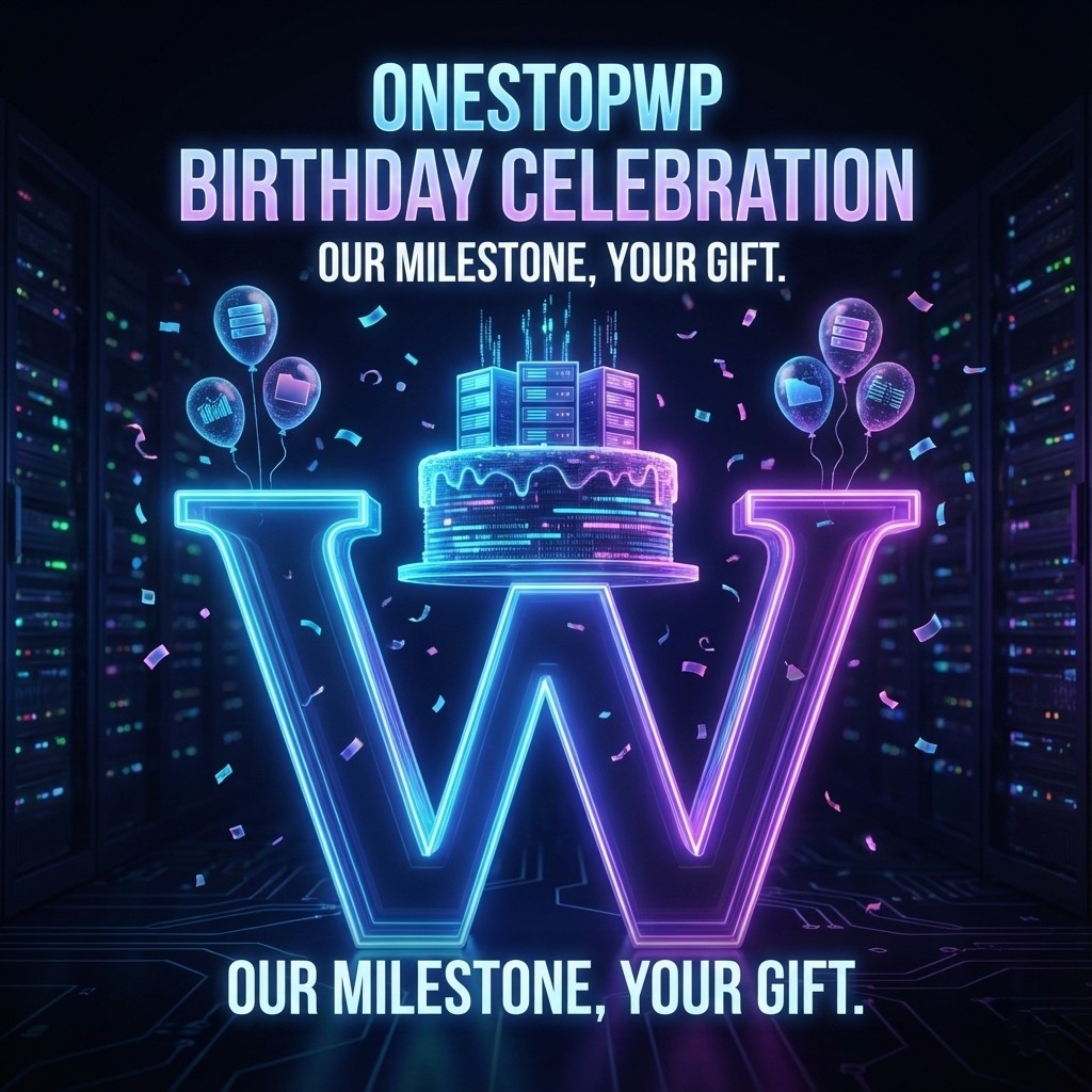 A festive celebration scene with a glowing WordPress logo, balloons, and a birthday cake, set against a dark blue and neon high-tech background.