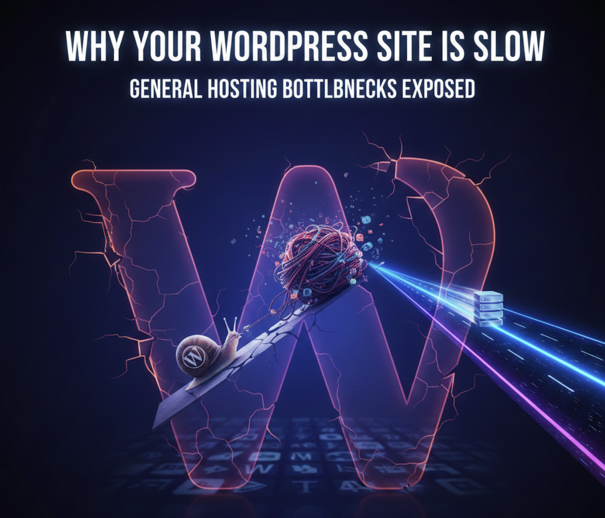 WordPress logo cracked by a snail representing slow speed, contrasted with fast data lines connecting to modern server racks.
