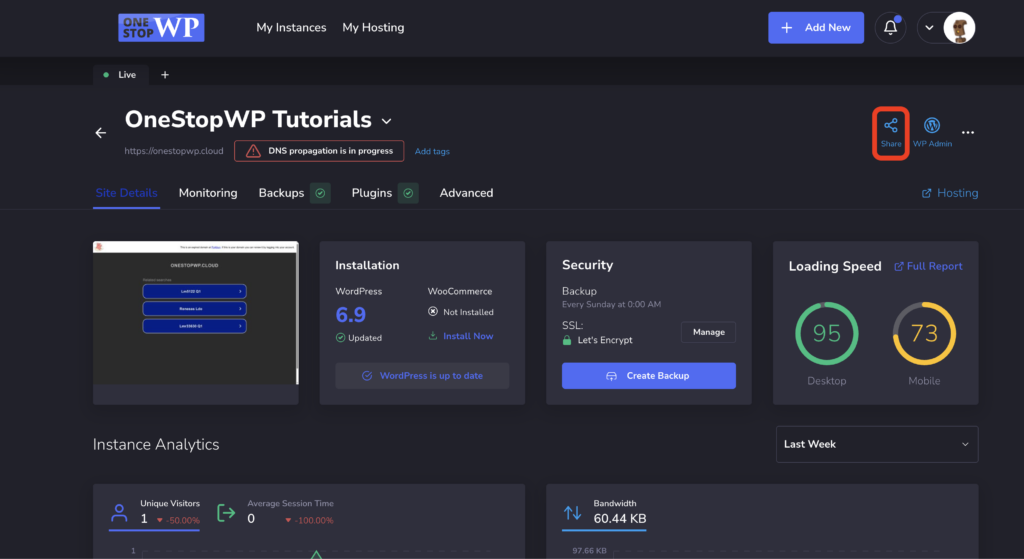 Dashboard interface of OneStopWP showing WordPress installation details, security status, and site loading speed metrics.