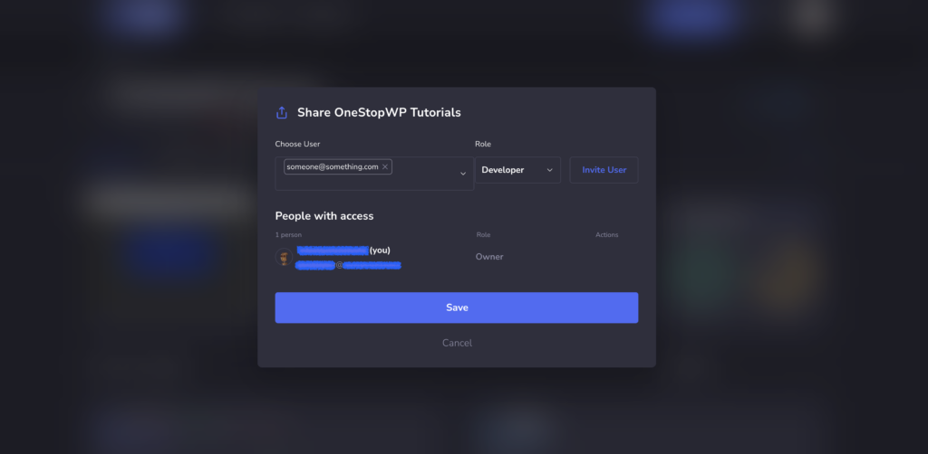 A pop-up window in OneStopWP titled
