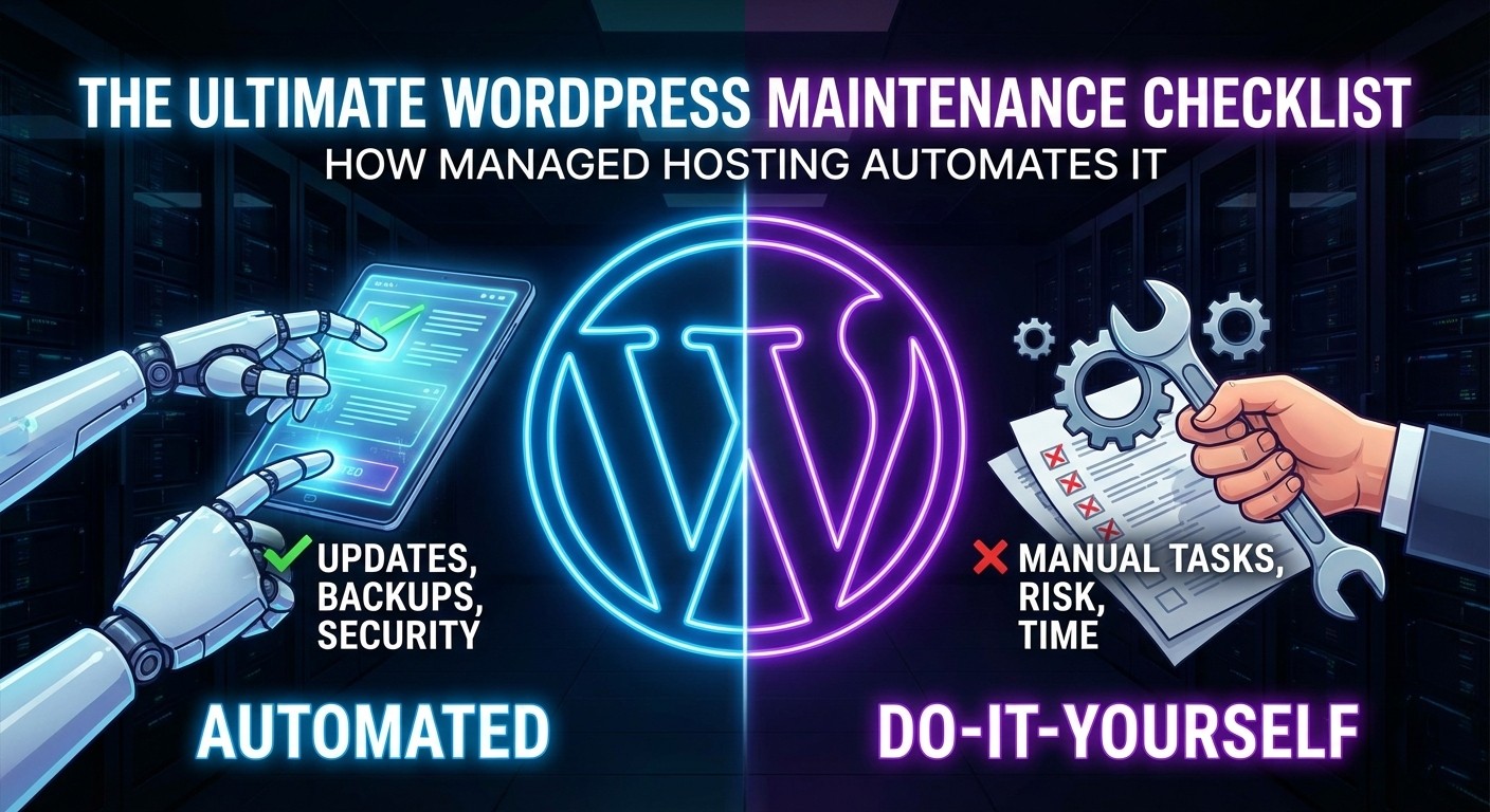 Split-screen illustration showing automated WordPress maintenance (robot hands, tablet with green checks) versus manual DIY maintenance (human hand with a wrench and a checklist with red Xs). The title reads: The Ultimate WordPress Maintenance Checklist How Managed Hosting Automates It.